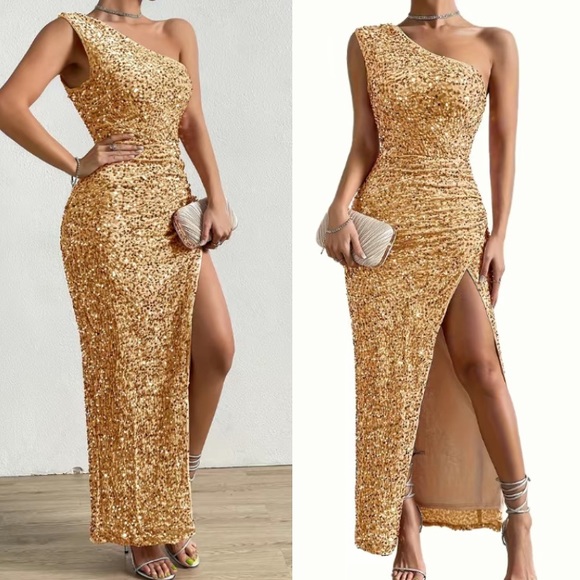 Luxe baby pink one shoulder slit thigh party formal evening sequins dress - Picture 14 of 16